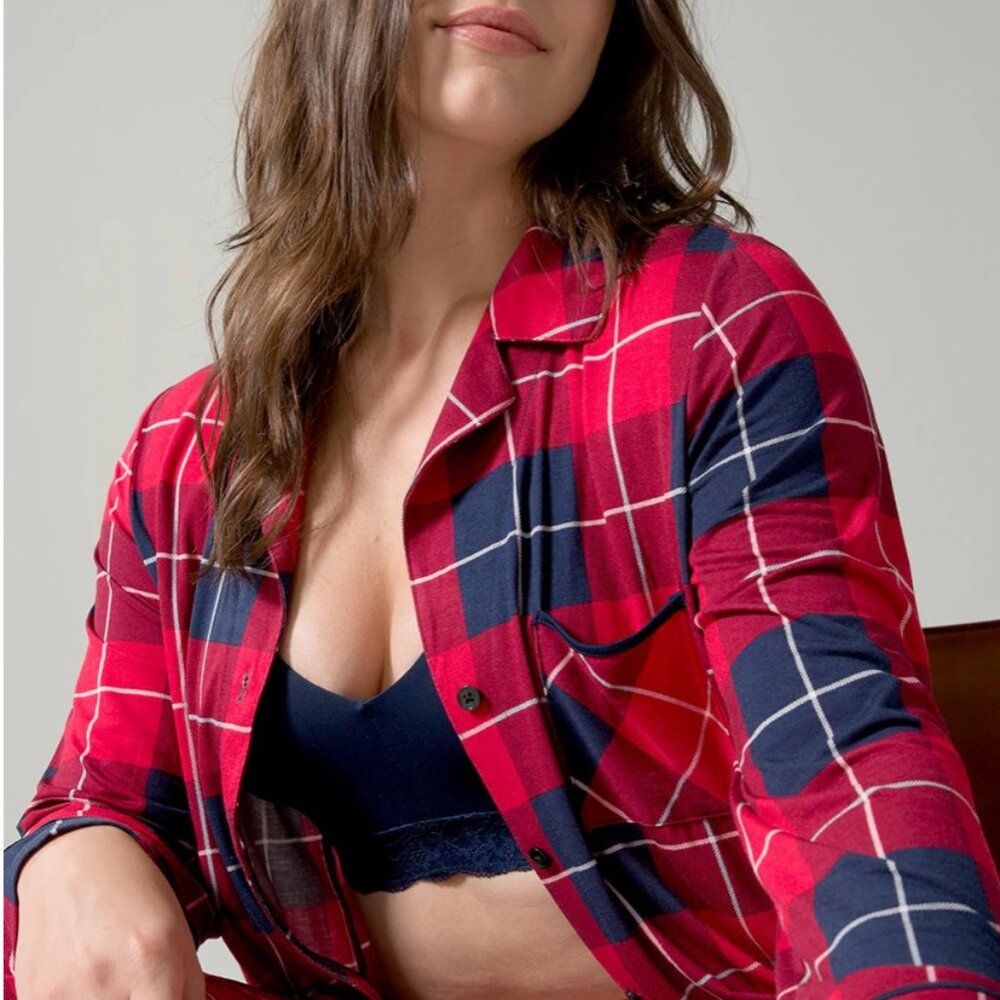 Soma Intimates Cool Nights Long Sleeve Notch Collar Plaid PJ Top, XL NWT